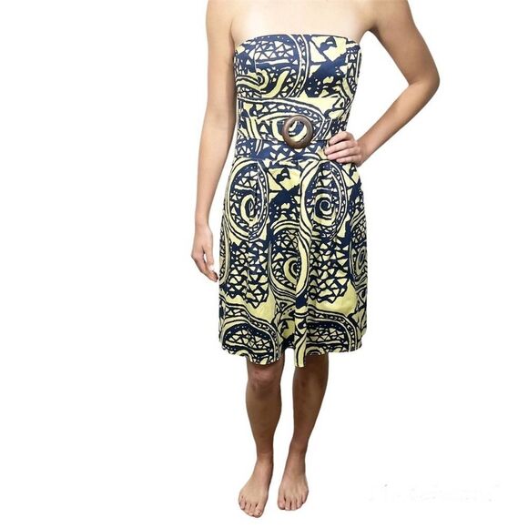 Kay Unger Women's Size 12 NWT Strapless Retro Yellow Blue Pattern Mini Dress - Picture 1 of 13
